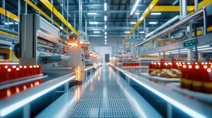 Poster - Modern Automated Food Production Facility with Advanced Machinery, Conveyor Belts, and Bright Industrial Lighting Enhancing Efficient Manufacturing Processes