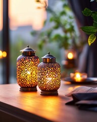 Aufkleber - Elegant decorative lanterns casting warm light on a wooden table, surrounded by lush greenery and soft glow, creating a cozy and inviting ambiance during sunset.