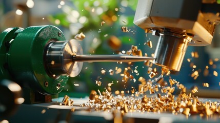 Poster - High-Speed Metal Machining Process Capturing Dynamic Metal Shavings and Precision Cutting Tool in Action on a Workshop Table
