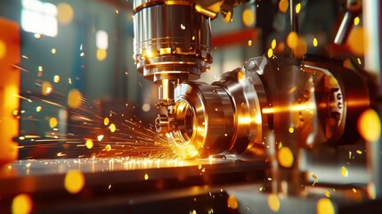 Poster - High-Speed Precision Machining Process with Sparks and Bright Particles in Industrial Workshop Environment Displaying Modern Technology and Craftsmanship