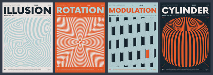 Modern abstract artwork collection, vector minimalistic posters with geometric shapes, brutalism style inspired graphic, bold Y2k futuristic aesthetic, form distortion effect, color set 3