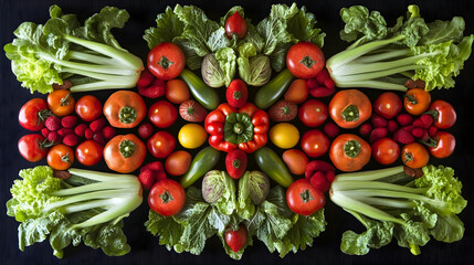 Wall Mural - A symmetrical pattern of fresh vegetables and fruit arranged in a geometric pattern.