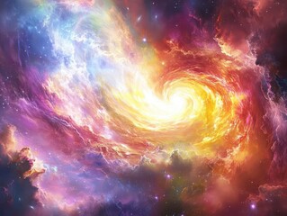 Wall Mural - epic depiction of creation with celestial bodies, swirling galaxies, and radiant light bursting from a cosmic void, representing the genesis of heaven and earth, vibrant colors and dynamic movement