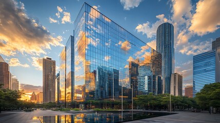 Poster - Modern glass office building reflecting sunset sky.
