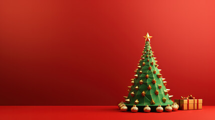 Poster - Christmas tree toy card template with baubles and copy space. Contrast red and green greeting card for winter holidays
