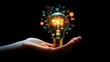 © MSH - Hand holding an illuminated light bulb with digital icons, Business idea light bulb with technology icon