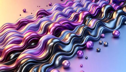 Aufkleber - Colorful waves of 3D liquid flowing across a lavender and gunmetal gradient background, 3D render style.