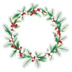 Watercolor christmas wreath with spruce branch pine needles white berries  hand painted holiday card isolated on white background winter holiday symbols frame christmas isolated