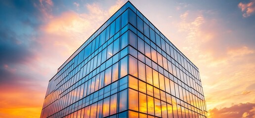 Poster - Modern glass skyscraper reflecting the sunset sky.