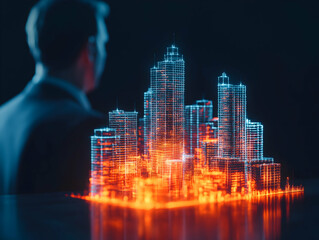 Aufkleber - A futuristic cityscape hologram is displayed, illuminating the scene with vibrant colors as a man observes it thoughtfully.