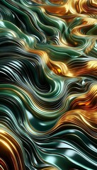 Fototapete - An abstract background of liquid waves with a metallic sheen, rich green and gold colors, three-dimensional, reflective studio light.