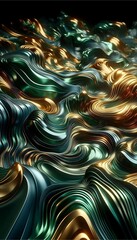 Fototapete - An abstract background of liquid waves with a metallic sheen, rich green and gold colors, three-dimensional, reflective studio light.