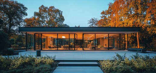 Aufkleber - Modern home with large glass windows and a patio in front of it.