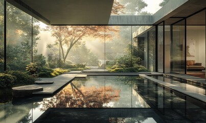 Aufkleber - Modern house with a large window overlooking a pond and a garden in the morning.