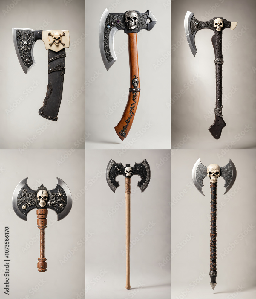 six unique axe handles, each with a skull and crossbones design ...