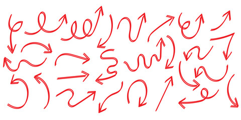 Wall Mural - Large set of thin arrows of different shapes, drawn by hand. Vector illustration of simple pointer symbols - connections for infographics, presentation, social networks.