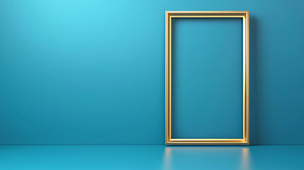 Poster - Minimalist golden frame on vibrant blue wall, creating serene atmosphere