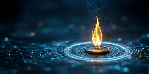 Poster - glowing flame surrounded by digital symbols and patterns, symbolizing energy and innovation