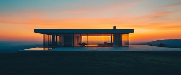 Aufkleber - Modern house with large glass windows overlooking a valley with a sunset in the background.