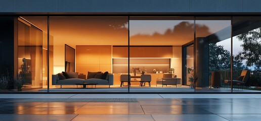 Poster - Modern house with large windows looking into the living room with a view of the backyard at night.
