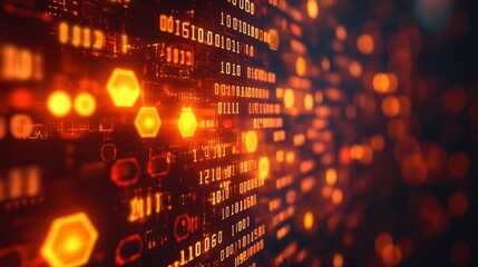 Abstract digital background with glowing hexagonal shapes and binary code.