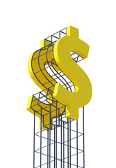Poster - Yellow dollar symbol structure with grid-like framework on white background, isolated, concept of financial growth. 3D Rendering
