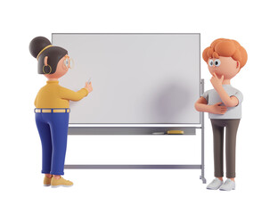 Poster - Cartoon characters interacting at a whiteboard, one writing and the other thinking, on white background. Concept of teamwork. 3D Rendering