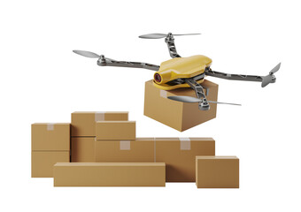 Poster - Drone with package over stacked cardboard boxes, isolated on white background. Concept of modern delivery. 3D Rendering