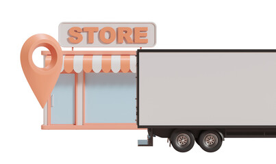 Poster - Illustration of a storefront with a location pin and a truck on a white background. Concept of online shopping and delivery. 3D Rendering