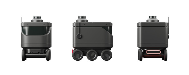 Poster - Three views of autonomous delivery robots in sleek design, isolated on a white background. Concept of modern technology. 3D Rendering