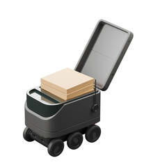 Poster - A delivery robot with an open lid, revealing a package inside. Isolated on a white background. Concept of automated delivery. 3D Rendering