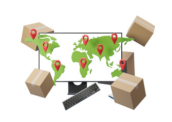 Poster - Monitor displaying world map with location pins, surrounded by cardboard boxes on white background. Concept of global delivery. 3D Rendering