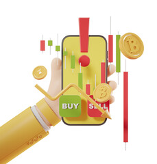 Poster - Hand holding smartphone with buy and sell buttons, cryptocurrency symbols, and candlestick chart. Isolated on white. 3D rendering