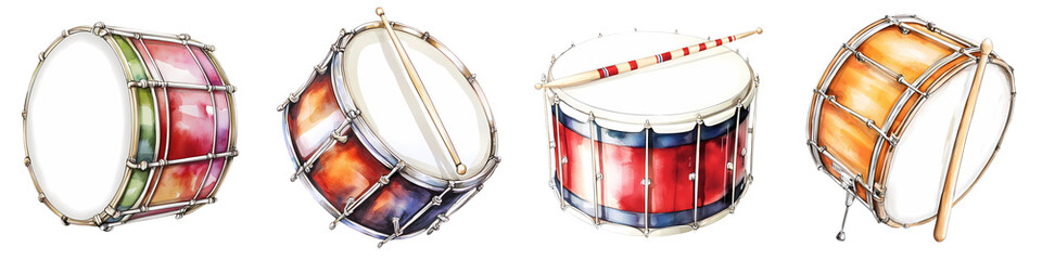 Poster - festive watercolor drums in various colors and styles, perfect for celebrations, isolate white backg