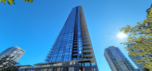 Poster - Modern skyscraper against a clear blue sky with the sun shining through trees.