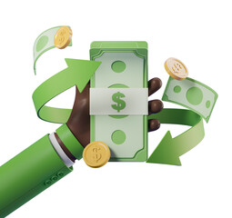 Poster - Hand holding cash and coins with green arrows, isolated style, on a white background. Concept of finance and money management. 3D Rendering