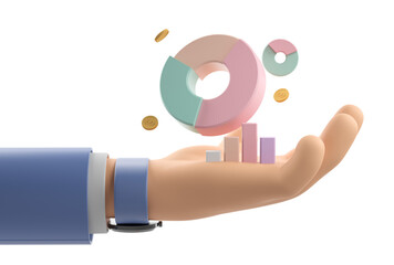 Poster - 3D illustration of a hand holding colorful pie chart and bar graph on white background. Concept of finance and data analysis. 3D Rendering