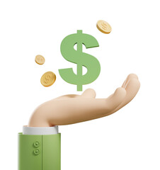 Poster - Hand holding green dollar sign with gold coins, on white background. Concept of wealth and prosperity. 3D Rendering