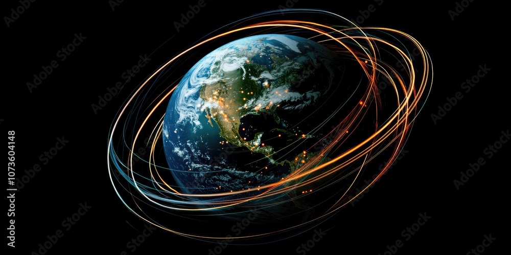 A digital rendering of the Earth with glowing lines circling around it ...