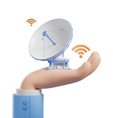Poster - Hand holding satellite dish with Wi-Fi icons, cartoon style, white background. Concept of communication and technology. 3D Rendering