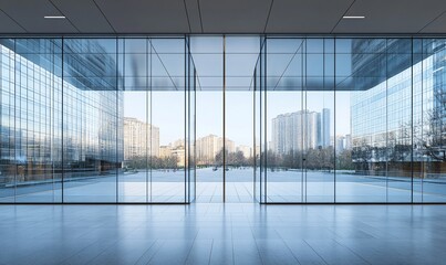 Aufkleber - Modern office building with glass doors and a view of the city.