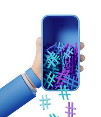 Poster - A hand holds a smartphone filled with 3D hashtags, isolated on a white background. Concept of social media engagement. 3D Rendering