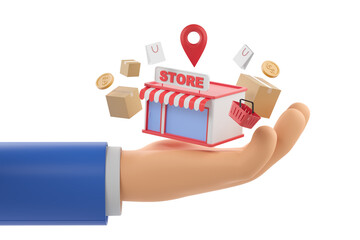 Poster - Hand holding a miniature store with packages and coins, on a white background. Concept of online shopping. 3D Rendering