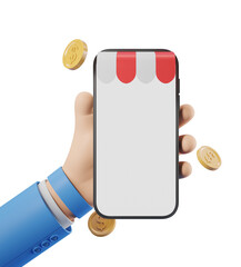 Poster - hand holding smartphone with blank screen, surrounded by coins. isolated on white background. concep
