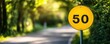 © Thitiphan - A bright yellow speed limit sign displaying '50' stands beside a beautiful tree-lined road, capturing the essence of nature and safe driving. Perfect for road and travel themes.