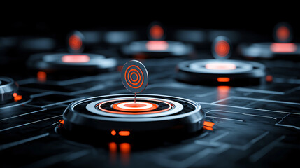 Poster - Floating targets in dark void with glowing circles and lines