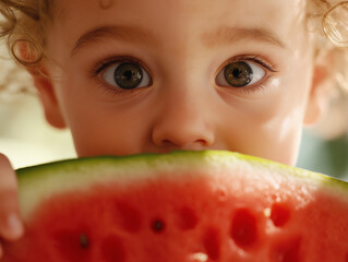 Child eating watermelon in natural light