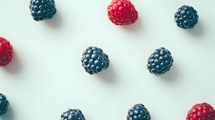 Wall Mural - Flat lay of fresh blackberries and raspberries on a white background.