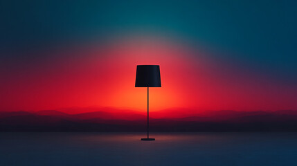 Sticker - A black lamp stands in front of a red and blue gradient background, with a silhouette of mountains in the distance.