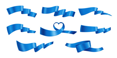Wall Mural - Set of realistic waved blue silk ribbons isolated on a white background. Design element for greeting card. Beautiful holiday decorations. Vector illustration